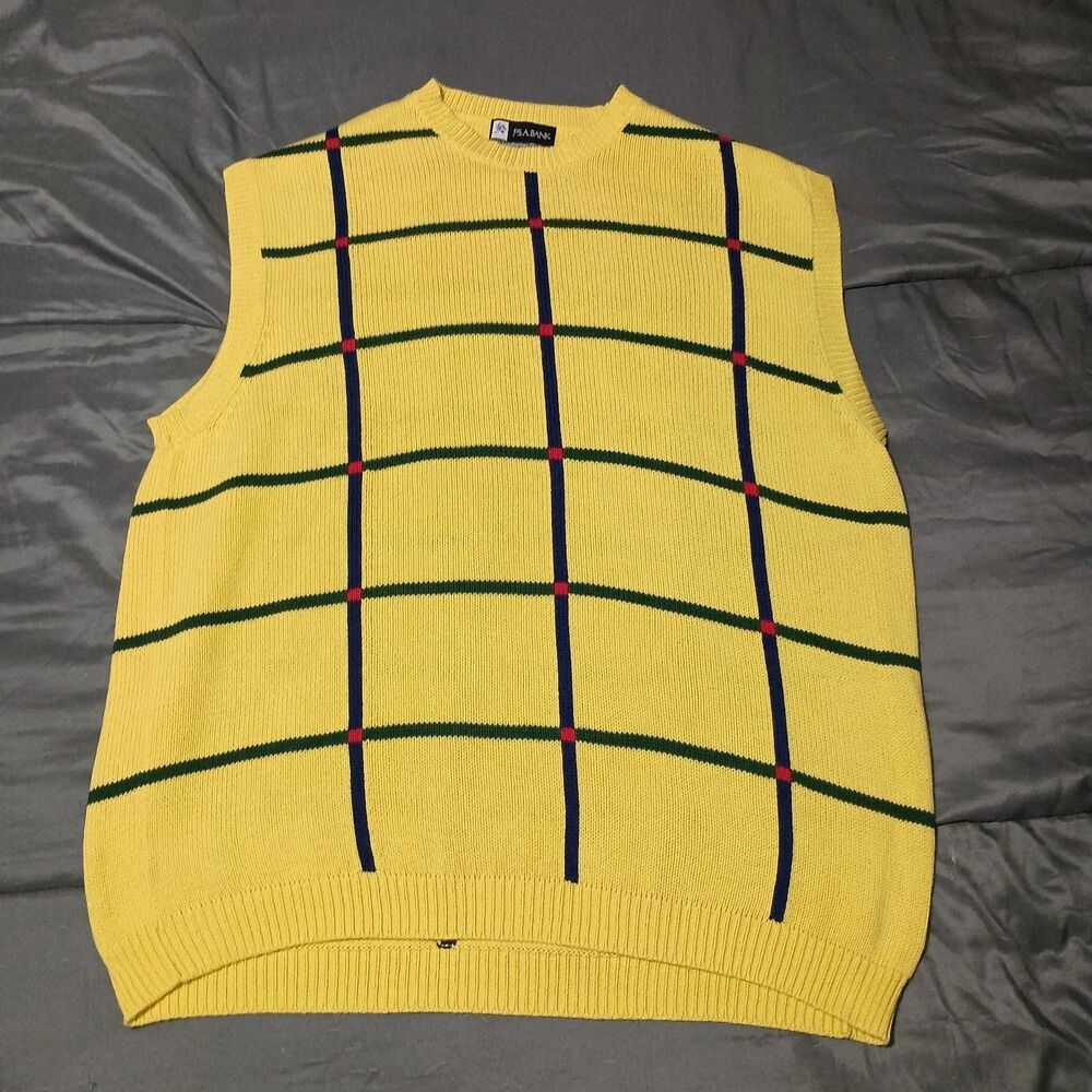 Vintage Jos. A. Bank Leadbetter Golf Sweater Vest XL Yellow Plaid Academia
